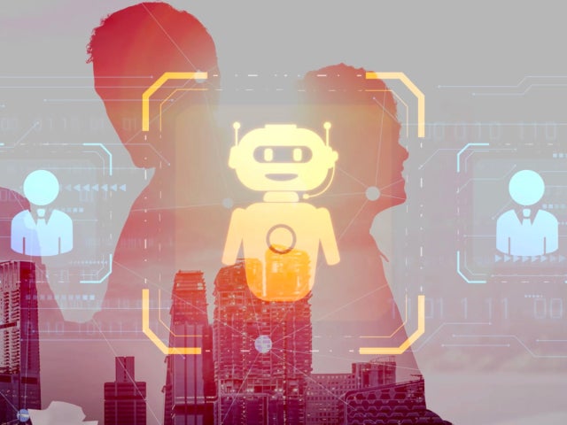 Silhouettes and a robot icon over a city, representing artificial intelligence and the future of work.