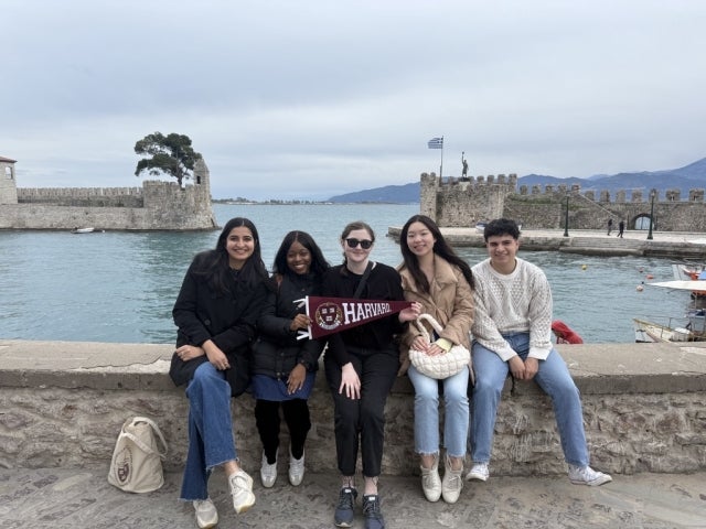 Harvard College students pose with Harvard pennant in Greece