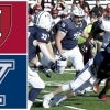 Harvard and Yale logos with football players tackling each other