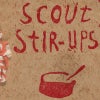 A vintage-style cover titled “Scout Stir-Ups” features red hand-drawn text and a cooking pot illustration on textured brown paper, bound with red-and-white twine.
