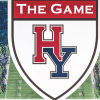 Harvard Yale football logo over Harvard Stadium