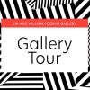 A bold graphic features the words “Gallery Tour” in black text on a white box with a red banner reading “Lia and William Poorvu Gallery,” over a background of abstract black and white geometric stripes.