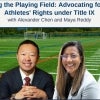 Alexander Chen and Maya Reddy smiling at camera in front of a football field 
