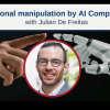 Headshot of Julian De Freitas with a human hand and robot hand nearly touching behind him