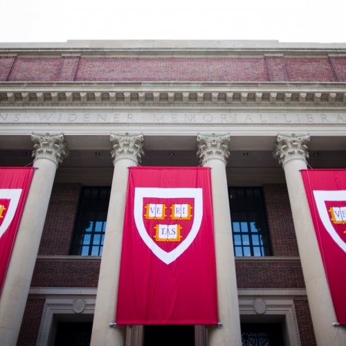 Widener Library with Harvard banners