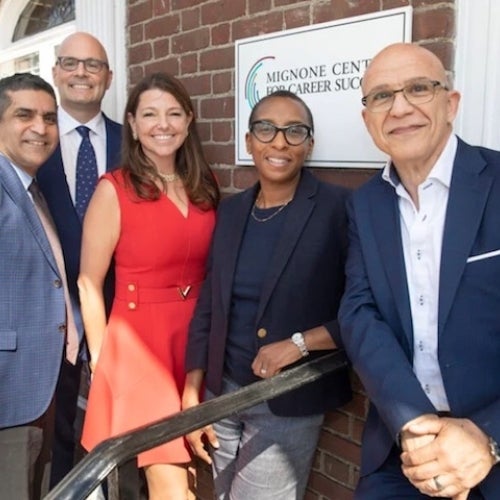 From left: Rakesh Khurana, dean of Harvard College; Roberto Mignone AB ’92, MBA ’96; Allison Mignone AB ’94, MBA ’99; Claudine Gay, Edgerley Family Dean of the Faculty of Arts and Sciences; and Manny Contomanolis, director of the Mignone Center for Career Success