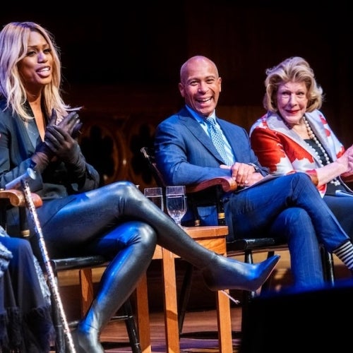 Betye Saar (from left), Laverne Cox, Deval Patrick, and Agnes Gund were among the seven awarded W.E.B. Du Bois Medals at Sanders Theatre.