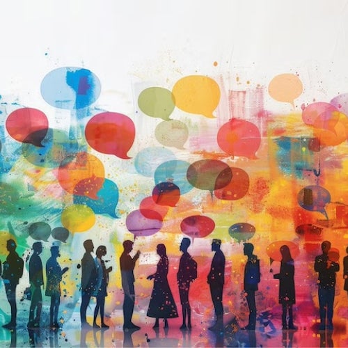 A colorful illustration of a group of people standing and talking to one another with conversation bubbles over their heads