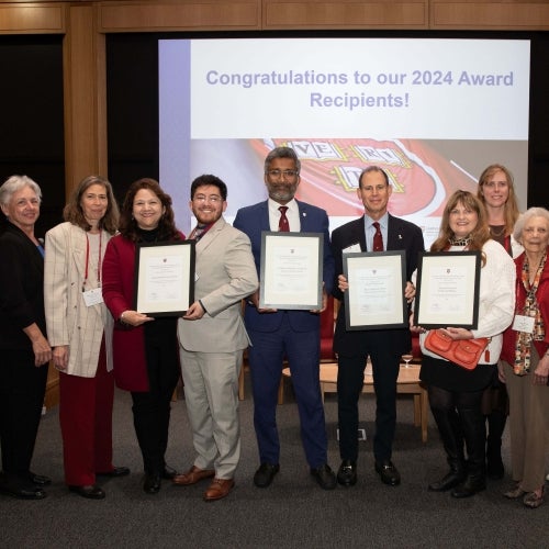 Group photo of award recipients: Alumnae-i Network for Harvard Women, Harvard Club of San Antonio, Kandeban Balendran PLDA ’18 and Bruce A. Hochstadt AB ’81 