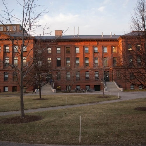 Outside of Harvard Jefferson Physical Labortaory building on a fall evening