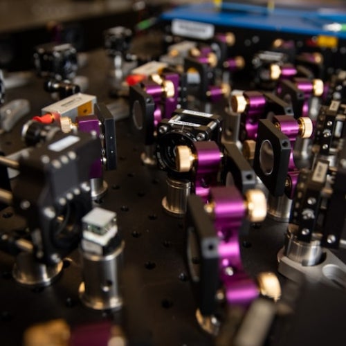 Up-close view of optics for a laser system