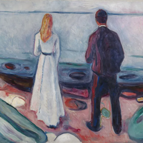 A painting of a man and woman in formal attire stand facing the sea on a beach