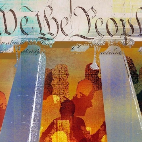 Illustration of silhouettes of people behind pillars below the words “We the people.”