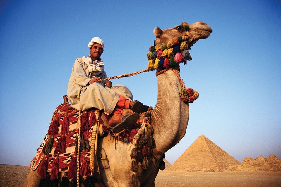 man on camel with pyramid in background