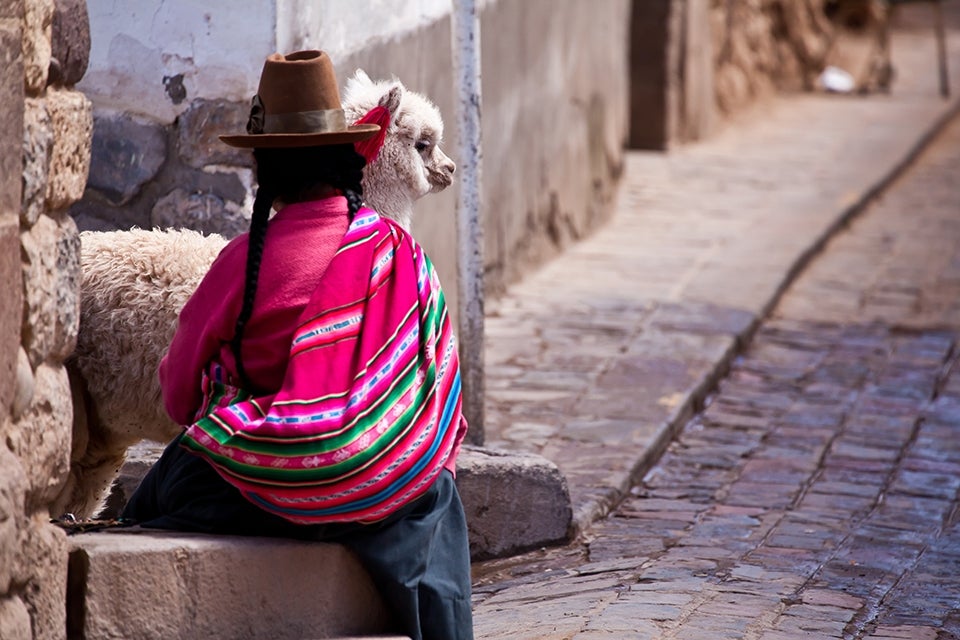 child in traditional clothes with llama